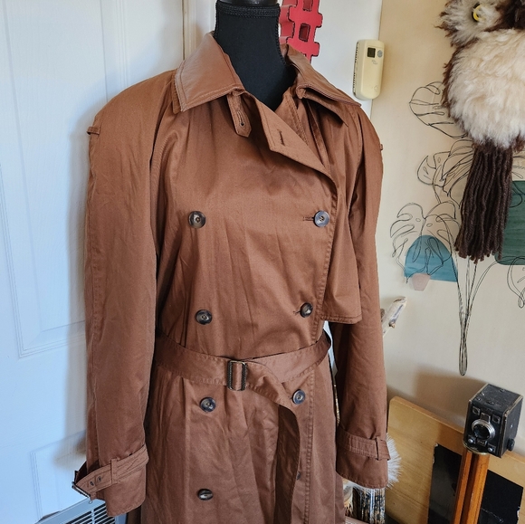 Vintage 80s 90s double breasted dark brown trench coat with leather - Picture 6 of 8